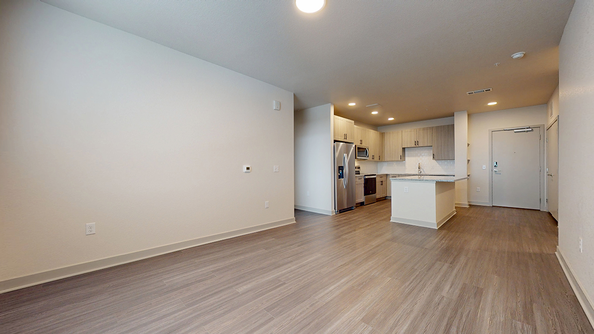 Open living room and kitchen with island